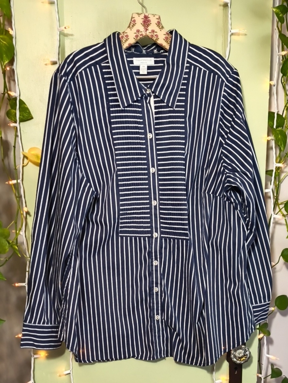Women's Charter Club Bib Chest Navy White Button Down Shirt XXL
